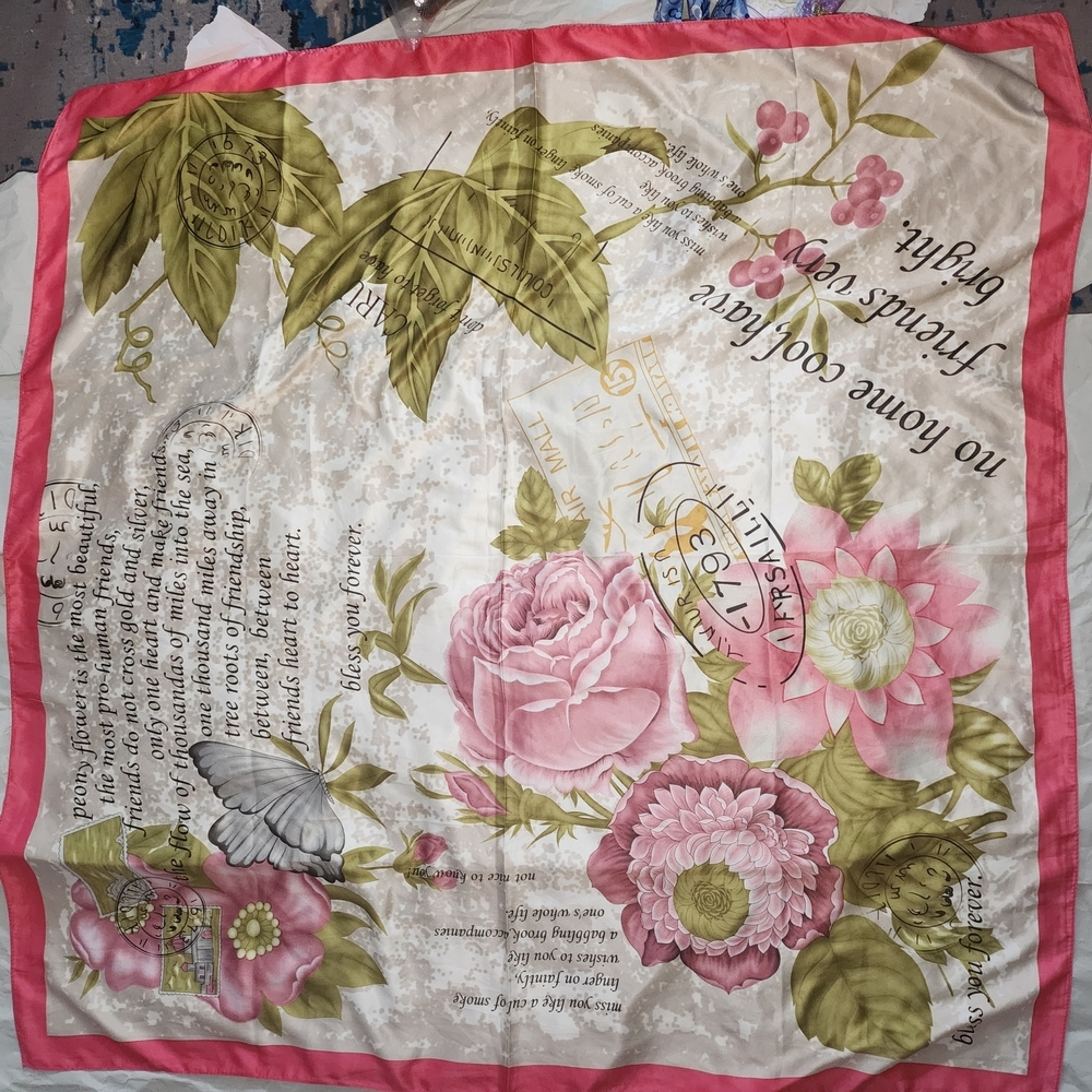 Floral Silk Scarf with Pink Border